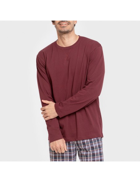 Pijama largo algodón hombre Cuadro Edison burdeos pijamas-largos-hombre