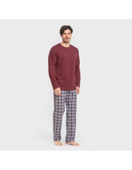 Pijama largo algodón hombre Cuadro Edison burdeos pijamas-largos-hombre