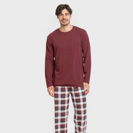 Pijama largo algodón hombre Cuadro Ferni burdeos pijamas-largos-hombre