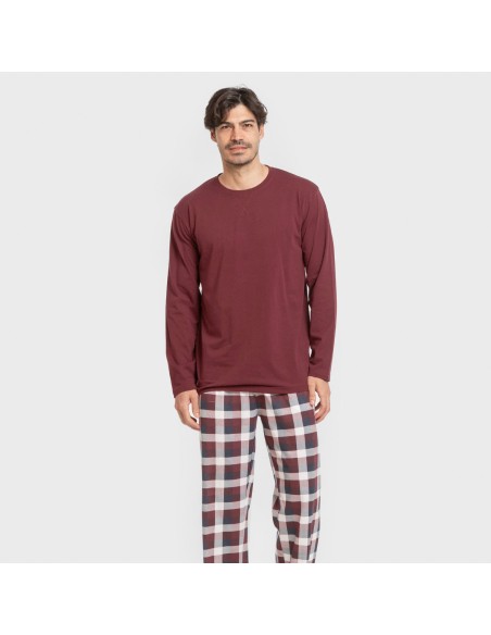 Pijama largo algodón hombre Cuadro Ferni burdeos pijamas-largos-hombre