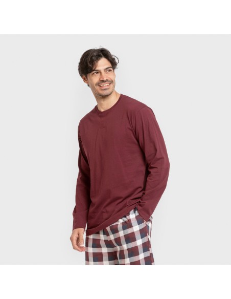 Pijama largo algodón hombre Cuadro Ferni burdeos pijamas-largos-hombre