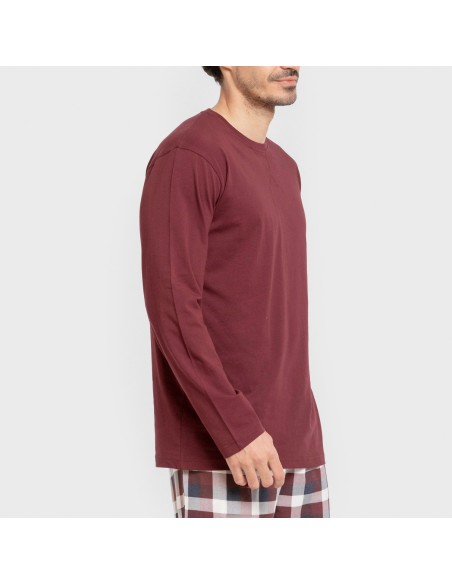 Pijama largo algodón hombre Cuadro Ferni burdeos pijamas-largos-hombre
