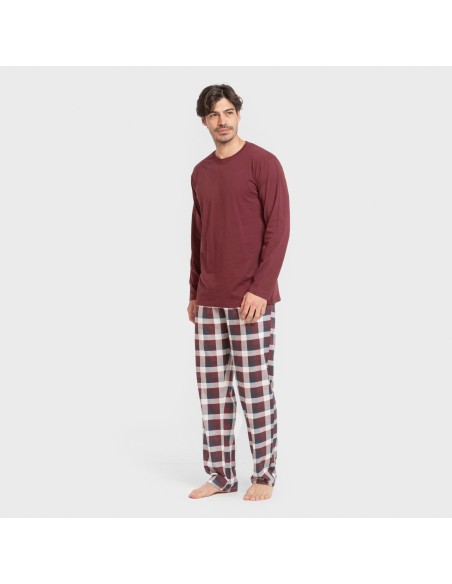 Pijama largo algodón hombre Cuadro Ferni burdeos pijamas-largos-hombre