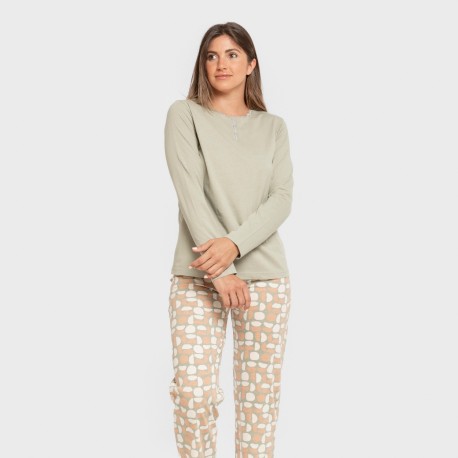 Pijama largo algodón Tebas verde cacería pijamas-largos-de-mujer