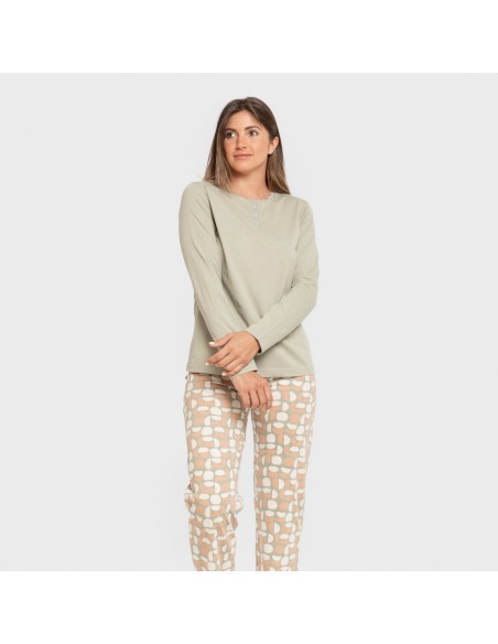 Pijama largo algodón Tebas verde cacería pijamas-largos-de-mujer
