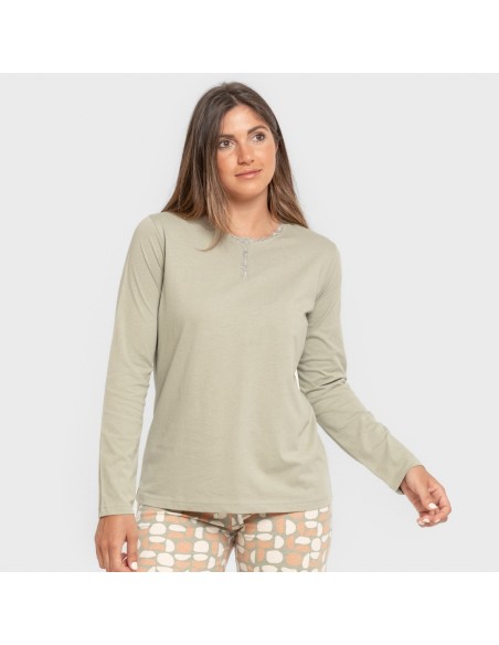 Pijama largo algodón Tebas verde cacería pijamas-largos-de-mujer
