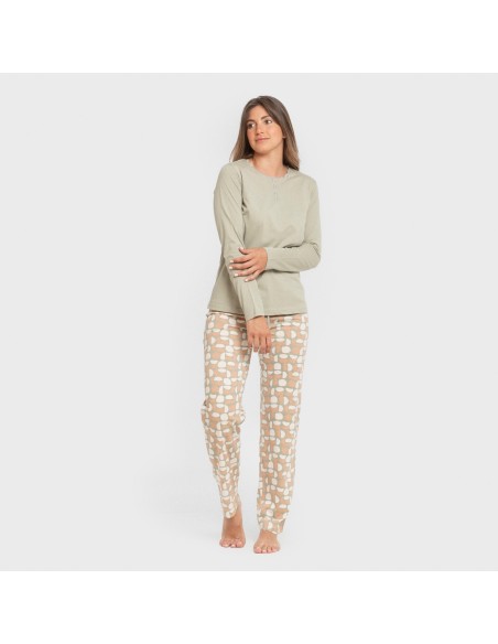 Pijama largo algodón Tebas verde cacería pijamas-largos-de-mujer