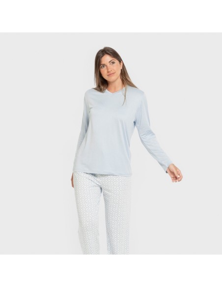 Pijama largo mujer soft Clau celeste pijamas-largos-de-mujer