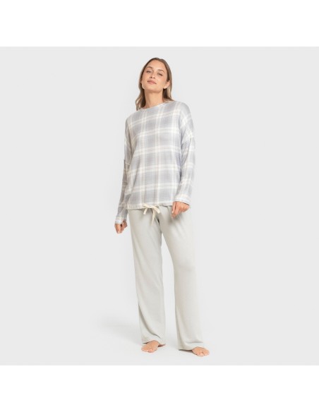 Pijama largo Secret mujer Cuadro Portland azul grisaceo pijamas-largos-de-mujer
