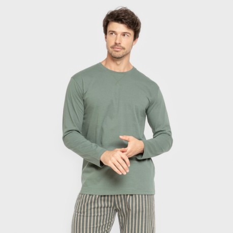 Pijama hombre franela Raya Marsellita verde - arena pijamas-largos-hombre