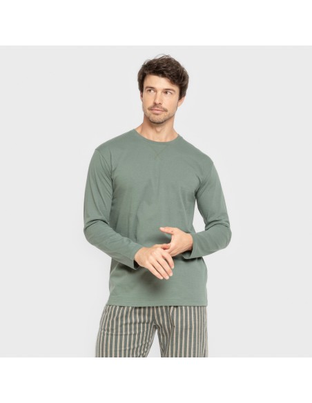 Pijama hombre franela Raya Marsellita verde - arena pijamas-largos-hombre