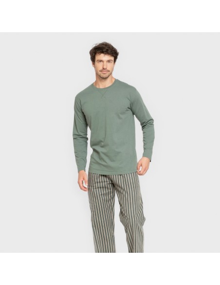 Pijama hombre franela Raya Marsellita verde - arena pijamas-largos-hombre