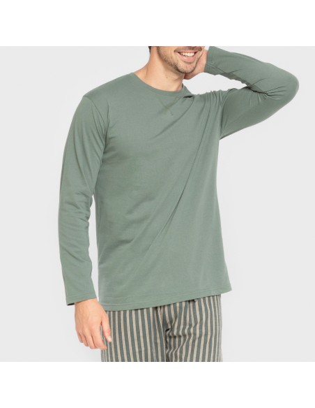 Pijama hombre franela Raya Marsellita verde - arena pijamas-largos-hombre