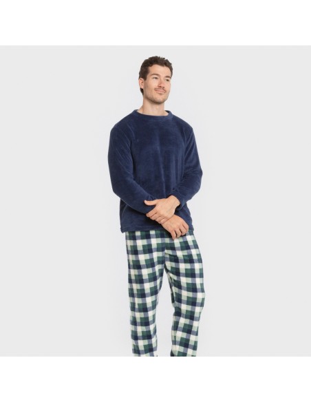 Pijama coral hombre Cuadro Ferni azul marino pijamas-largos-hombre