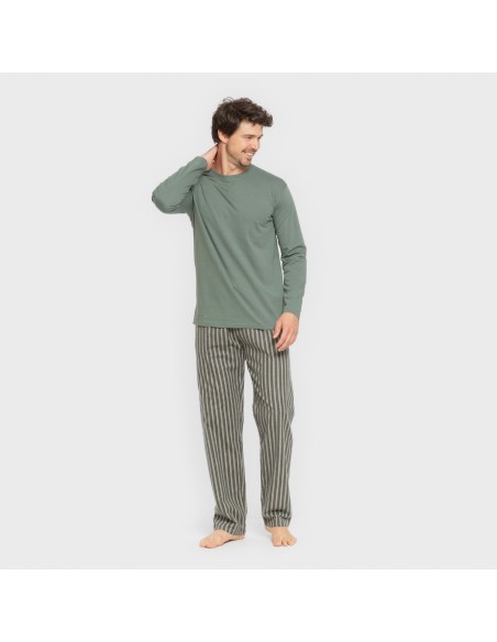 Pijama hombre franela Raya Marsellita verde - arena pijamas-largos-hombre