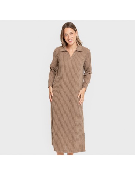 Vestido largo manga larga solapa 4x2 canalé mujer vestidos-y-blusones-mujer