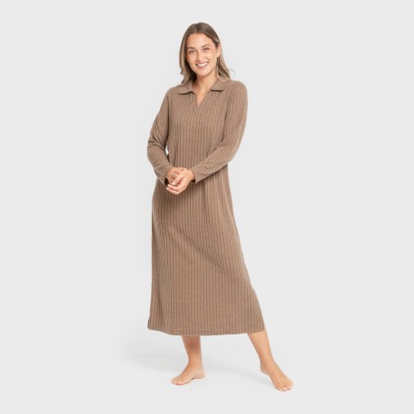 Vestido largo manga larga solapa 4x2 canalé mujer vestidos-y-blusones-mujer