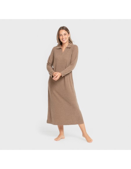 Vestido largo manga larga solapa 4x2 canalé mujer vestidos-y-blusones-mujer