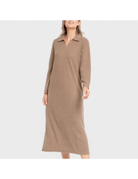 Vestido largo manga larga solapa 4x2 canalé mujer vestidos-y-blusones-mujer