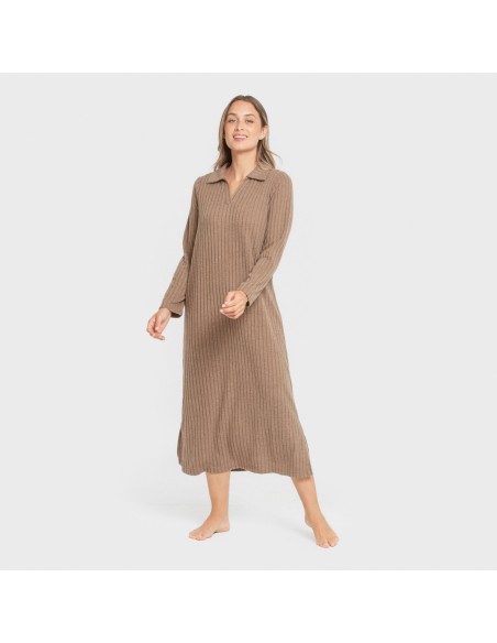 Vestido largo manga larga solapa 4x2 canalé mujer vestidos-y-blusones-mujer