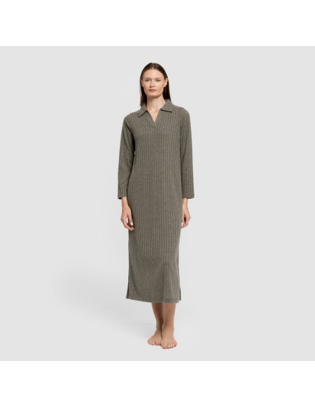 Vestido largo manga larga solapa 4x2 canalé mujer vestidos-y-blusones-mujer