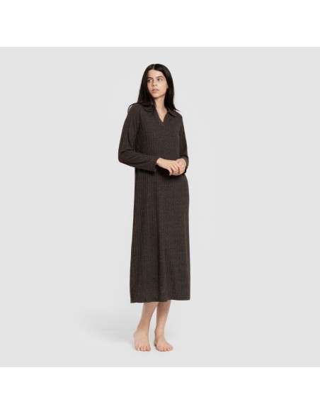 Vestido largo manga larga solapa 4x2 canalé mujer vestidos-y-blusones-mujer