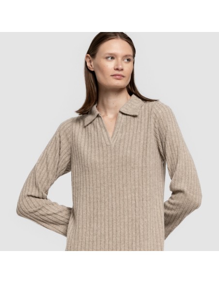 Vestido largo manga larga solapa 4x2 canalé mujer vestidos-y-blusones-mujer