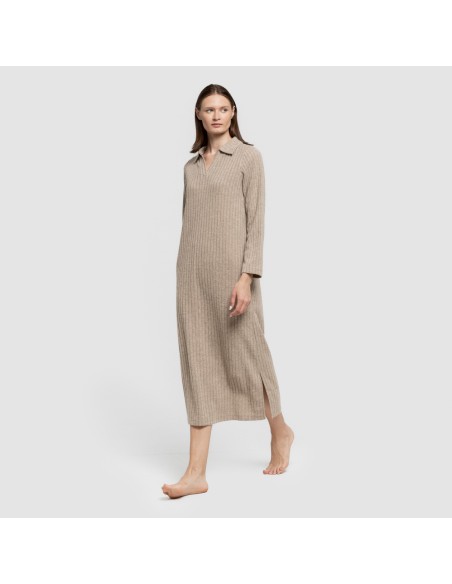 Vestido largo manga larga solapa 4x2 canalé mujer vestidos-y-blusones-mujer
