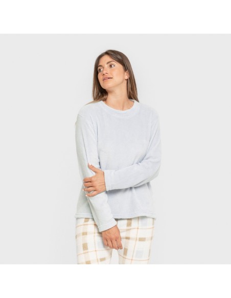 Pijama coral Cuadro Noric celeste pijamas-de-invierno-de-mujer