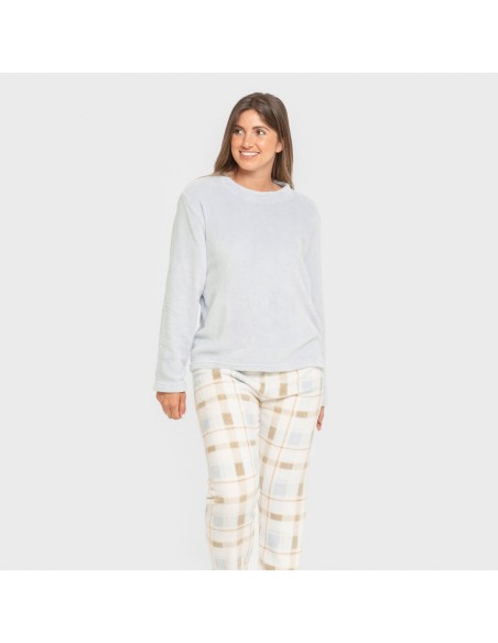 Pijama coral Cuadro Noric celeste pijamas-de-invierno-de-mujer