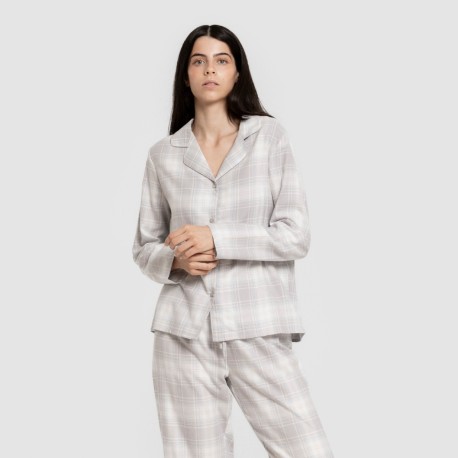 Pijama franela manga larga camisero mujer Cuadro Portland celeste pijamas-de-invierno-de-mujer