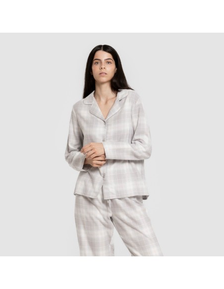 Pijama franela manga larga camisero mujer Cuadro Portland celeste pijamas-de-invierno-de-mujer