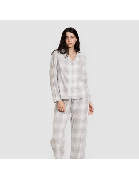 Pijama franela manga larga camisero mujer Cuadro Portland celeste pijamas-de-invierno-de-mujer