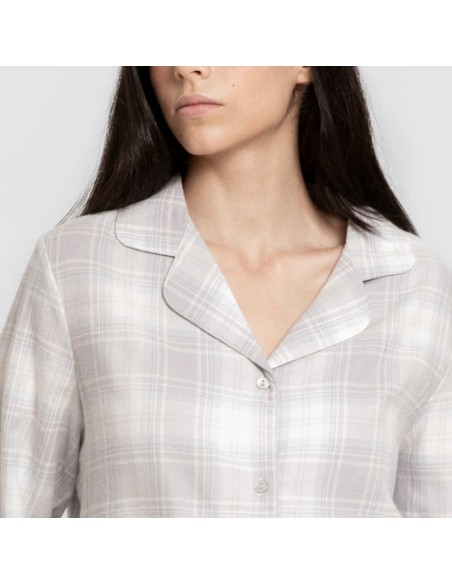 Pijama franela manga larga camisero mujer Cuadro Portland celeste pijamas-de-invierno-de-mujer