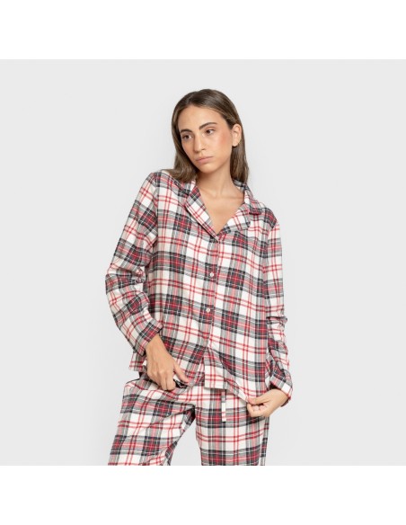 Pijama franela manga larga camisero mujer Cuadro Mercury rojo pijamas-de-invierno-de-mujer