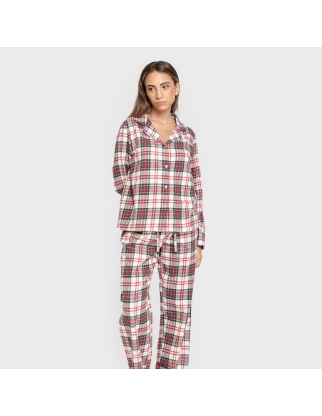 Pijama franela manga larga camisero mujer Cuadro Mercury rojo pijamas-de-invierno-de-mujer