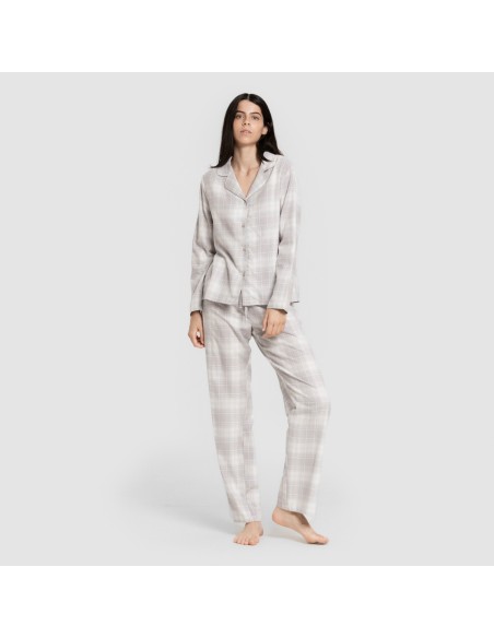Pijama franela manga larga camisero mujer Cuadro Portland celeste pijamas-de-invierno-de-mujer