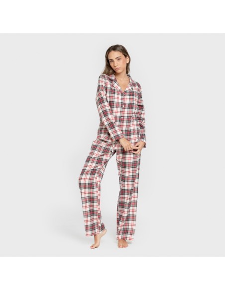 Pijama franela manga larga camisero mujer Cuadro Mercury rojo pijamas-de-invierno-de-mujer
