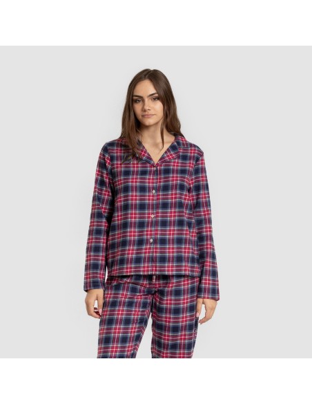Pijama franela manga larga camisero mujer Cuadro Hemerito azul pijamas-de-invierno-de-mujer