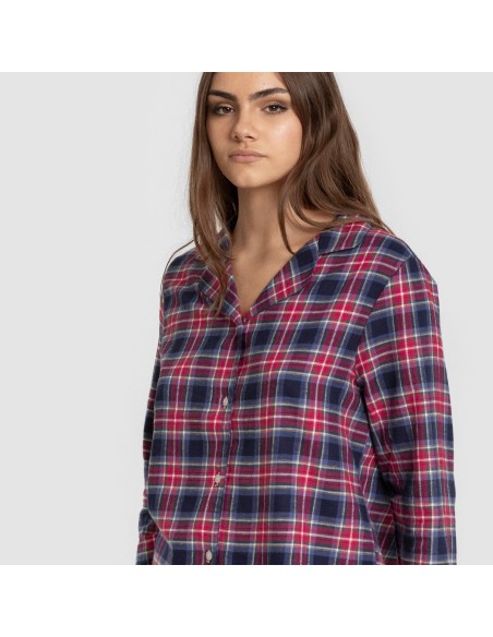 Pijama franela manga larga camisero mujer Cuadro Hemerito azul pijamas-de-invierno-de-mujer