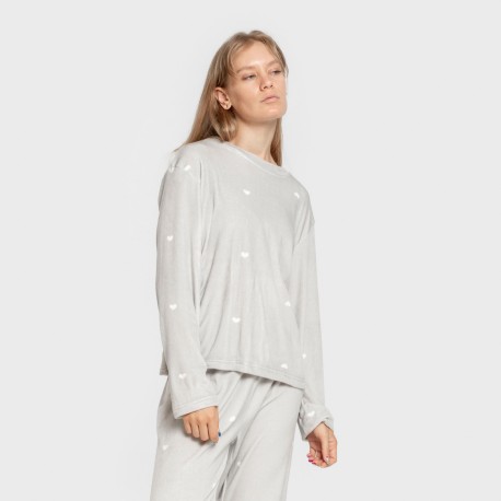 Pijama terciopelo super soft mujer Hearts gris pijamas-de-invierno-de-mujer