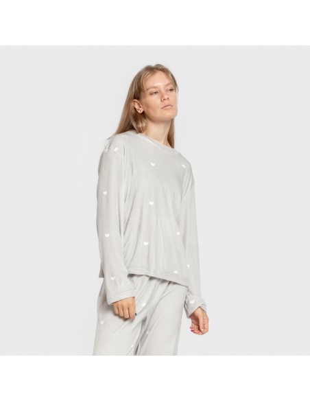 Pijama terciopelo super soft mujer Hearts gris pijamas-de-invierno-de-mujer