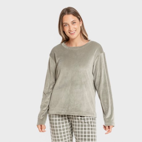 Pijama terciopelo super soft mujer Cuadro Roberto verde cacería pijamas-de-invierno-de-mujer