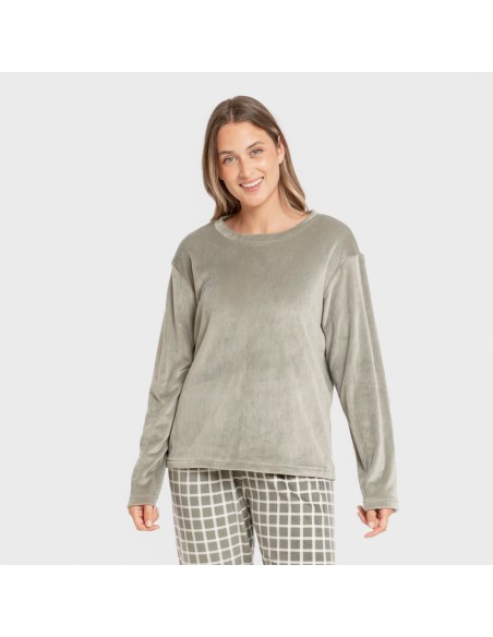 Pijama terciopelo super soft mujer Cuadro Roberto verde cacería pijamas-de-invierno-de-mujer