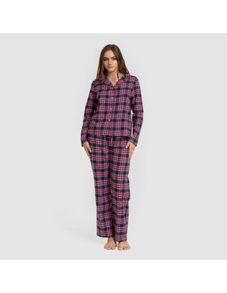 Pijama franela manga larga camisero mujer Cuadro Hemerito azul pijamas-de-invierno-de-mujer
