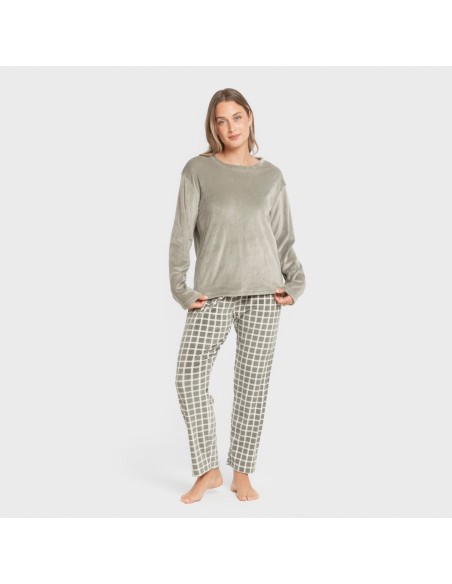 Pijama terciopelo super soft mujer Cuadro Roberto verde cacería pijamas-de-invierno-de-mujer