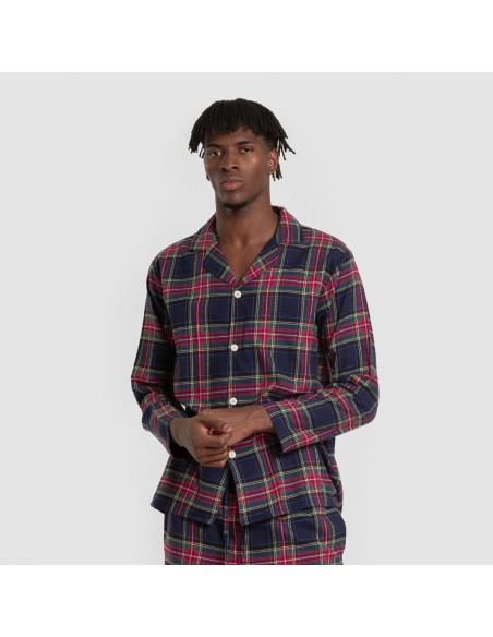 Pijama franela manga larga camisero hombre Cuadro Pluton azul pijamas-largos-hombre