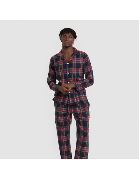 Pijama franela manga larga camisero hombre Cuadro Pluton azul pijamas-largos-hombre