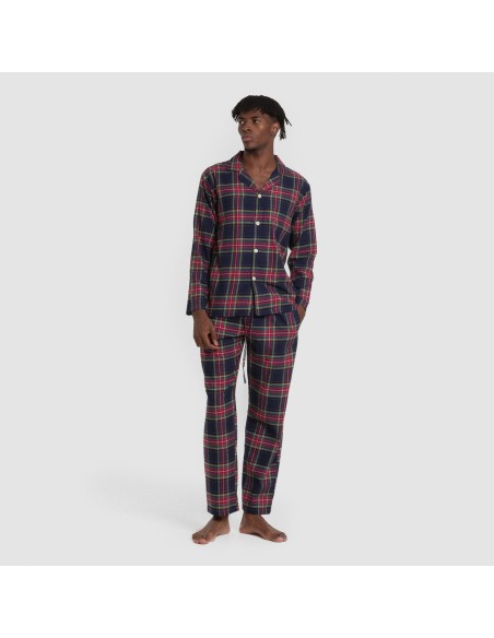 Pijama franela manga larga camisero hombre Cuadro Pluton azul pijamas-largos-hombre