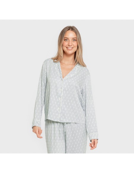 Pijama manga larga camisero viscosa mujer Orquidea agua marina pijamas-largos-de-mujer